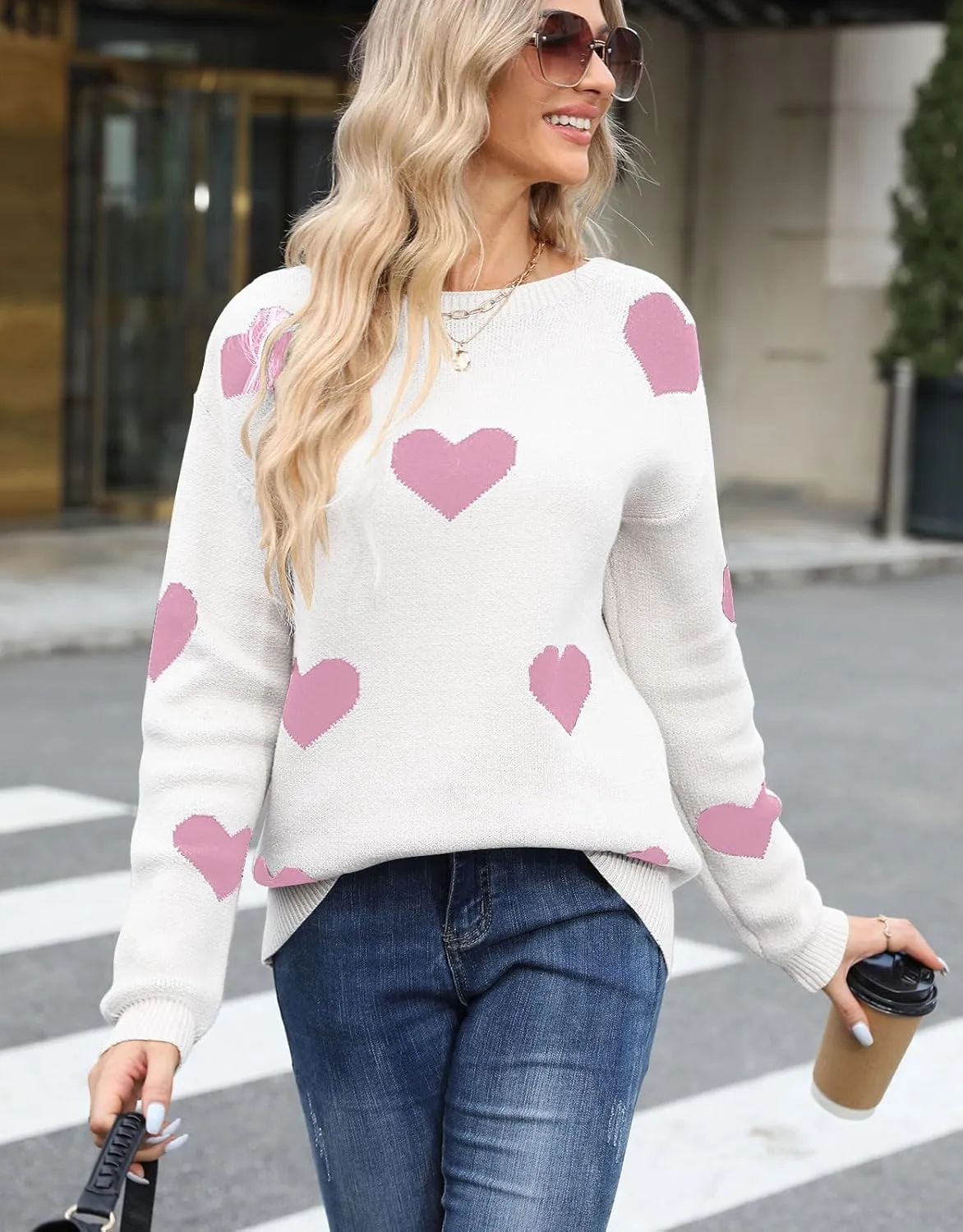 shermie Women's Long Sleeve Crew Neck Pullover Sweaters Loose Casual Multi-Hearts Sweater