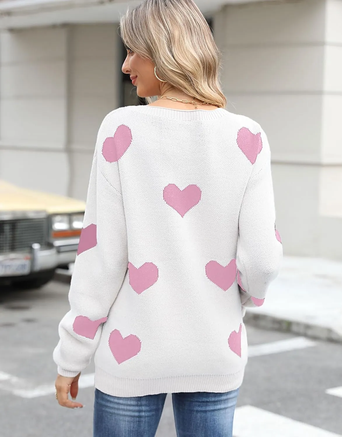 shermie Women's Long Sleeve Crew Neck Pullover Sweaters Loose Casual Multi-Hearts Sweater