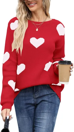 shermie Women's Long Sleeve Crew Neck Pullover Sweaters Loose Casual Multi-Hearts Sweater