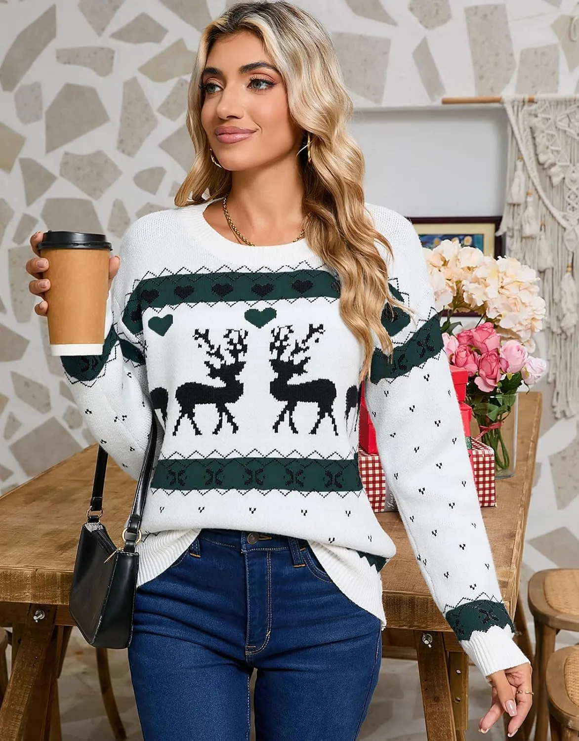 shermie Women's Long Sleeve Crew Neck Pullover Sweaters Loose Casual Multi-Hearts Sweater