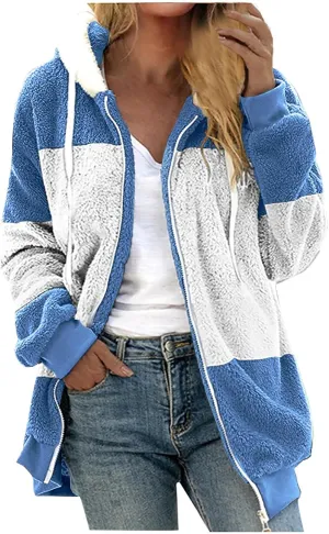 Sherpa Lined Jacket Women 2023 Fashion Casual Long Sleeve Color Block Zip Up Hoodies Fall Winter Sweatshirts Jackets