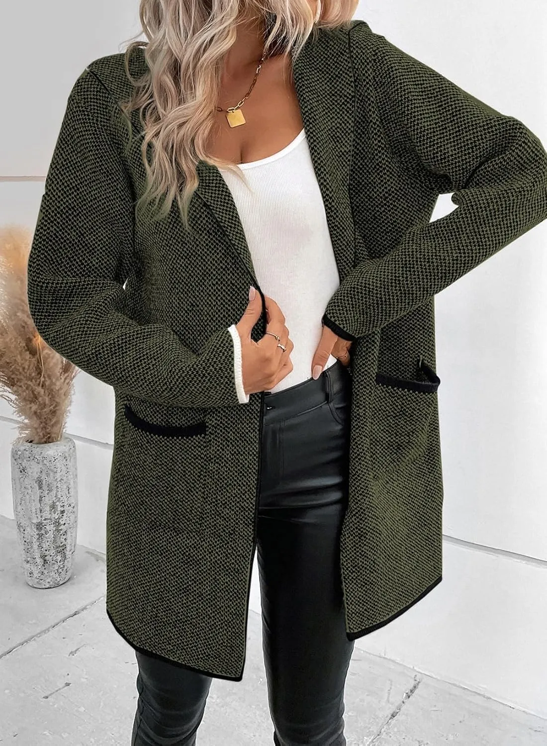 Sidefeel Women's 2024 Fall Long Sleeve Open Front Contrast Cardigan Sweaters Oversized Chunky Knit Hooded Sweaters Coat