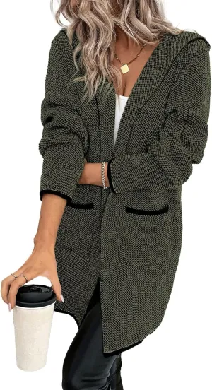 Sidefeel Women's 2024 Fall Long Sleeve Open Front Contrast Cardigan Sweaters Oversized Chunky Knit Hooded Sweaters Coat