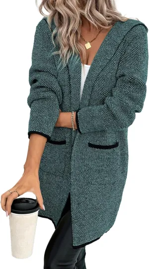 Sidefeel Women's 2024 Fall Long Sleeve Open Front Contrast Cardigan Sweaters Oversized Chunky Knit Hooded Sweaters Coat