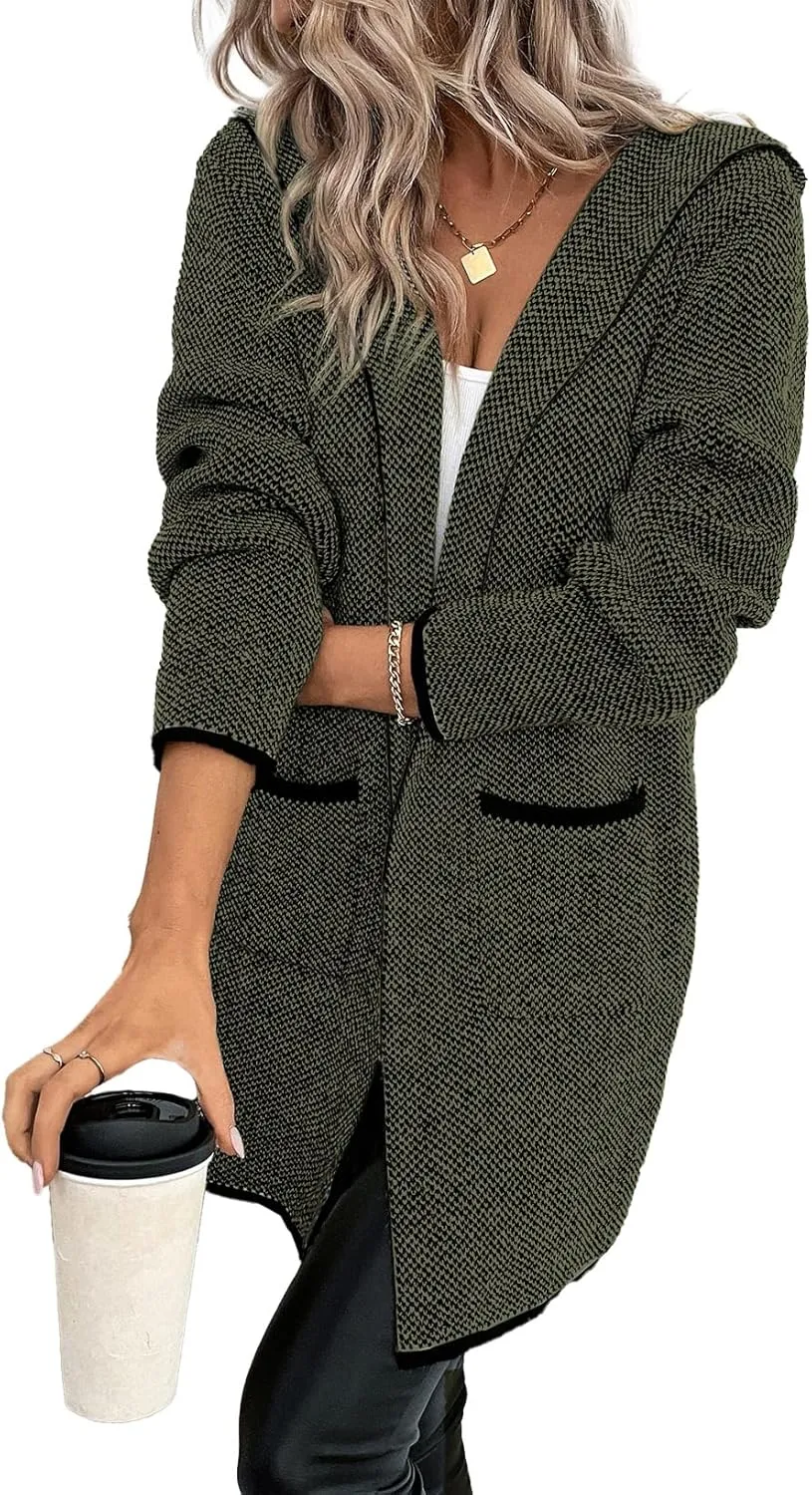 Sidefeel Women's 2024 Fall Long Sleeve Open Front Contrast Cardigan Sweaters Oversized Chunky Knit Hooded Sweaters Coat
