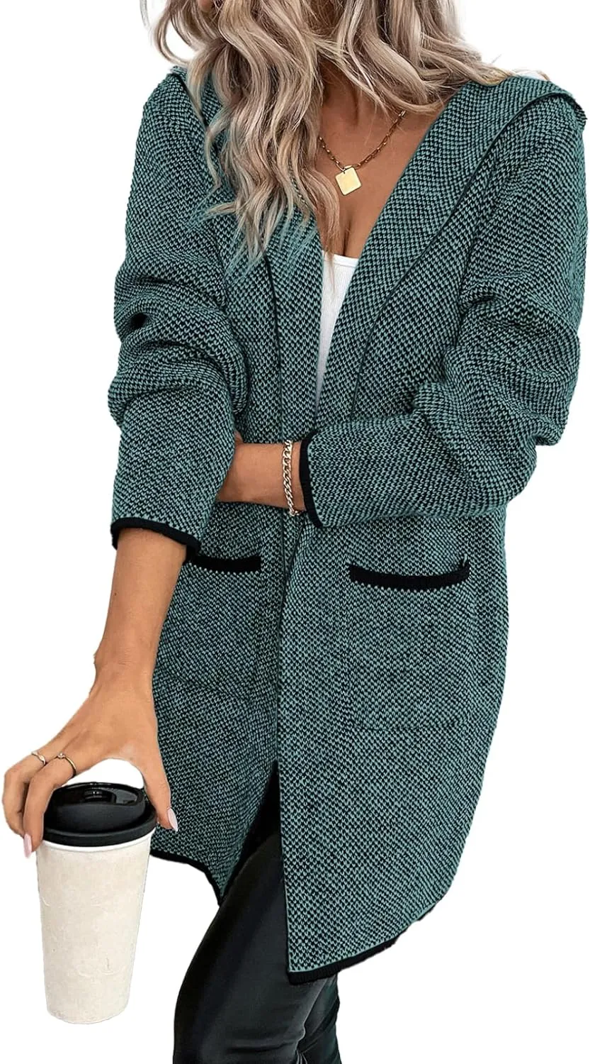 Sidefeel Women's 2024 Fall Long Sleeve Open Front Contrast Cardigan Sweaters Oversized Chunky Knit Hooded Sweaters Coat