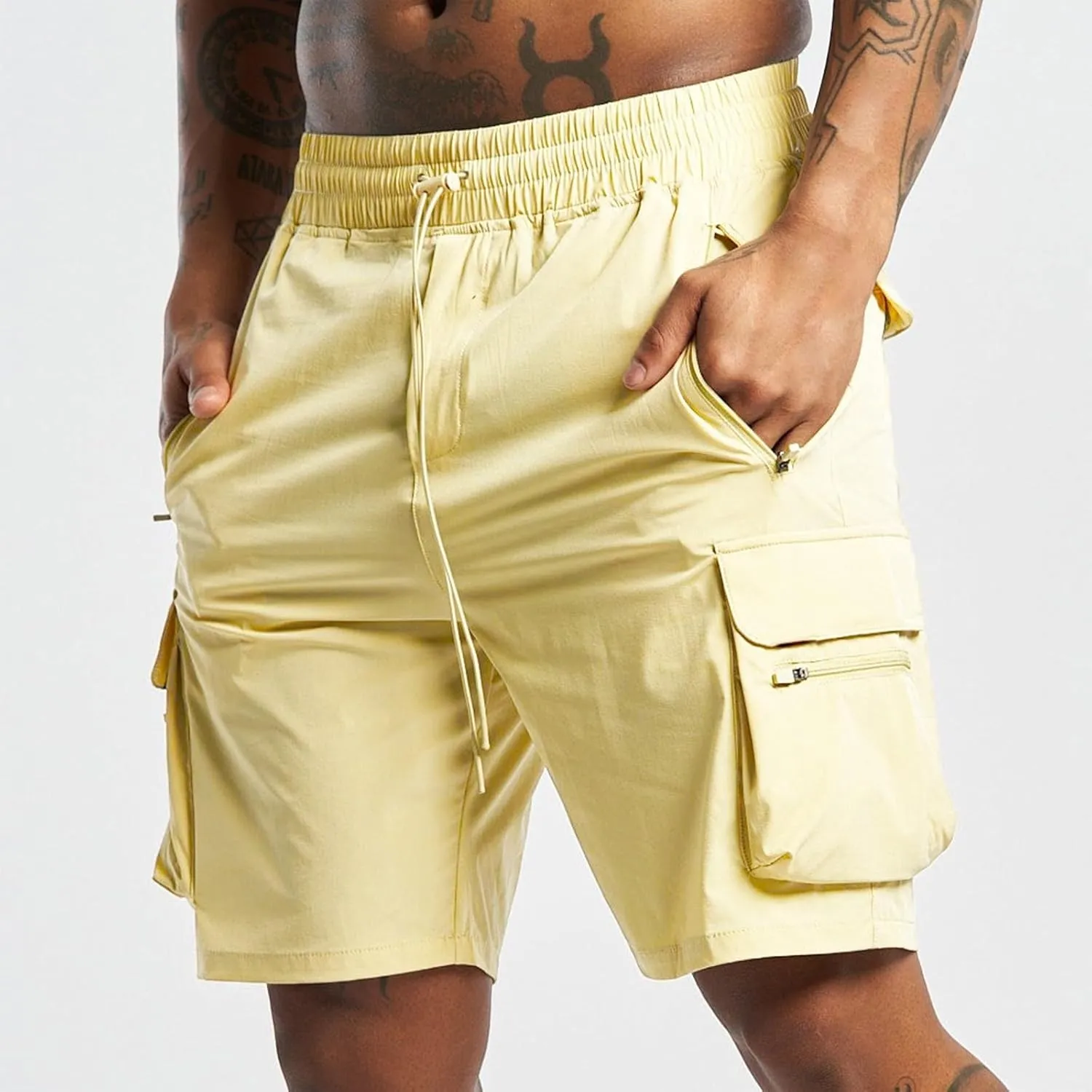 Sinzelimin Men's Sport Shorts Fitness Training Fitness Short Sweatpant Fashion Solid Color Elastic Waist Zip Multiple Pockets