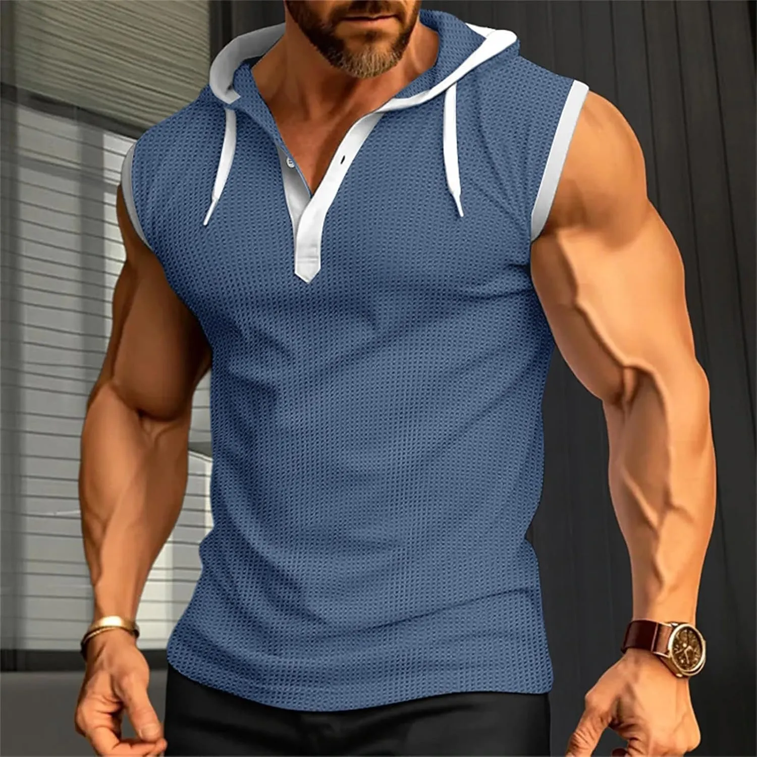 Sleeveless Hoodies for Men Gym Workout Muscle Fit T Shirts Waffle Knit Drawstring Pullover Tops Casual Training Hoodie