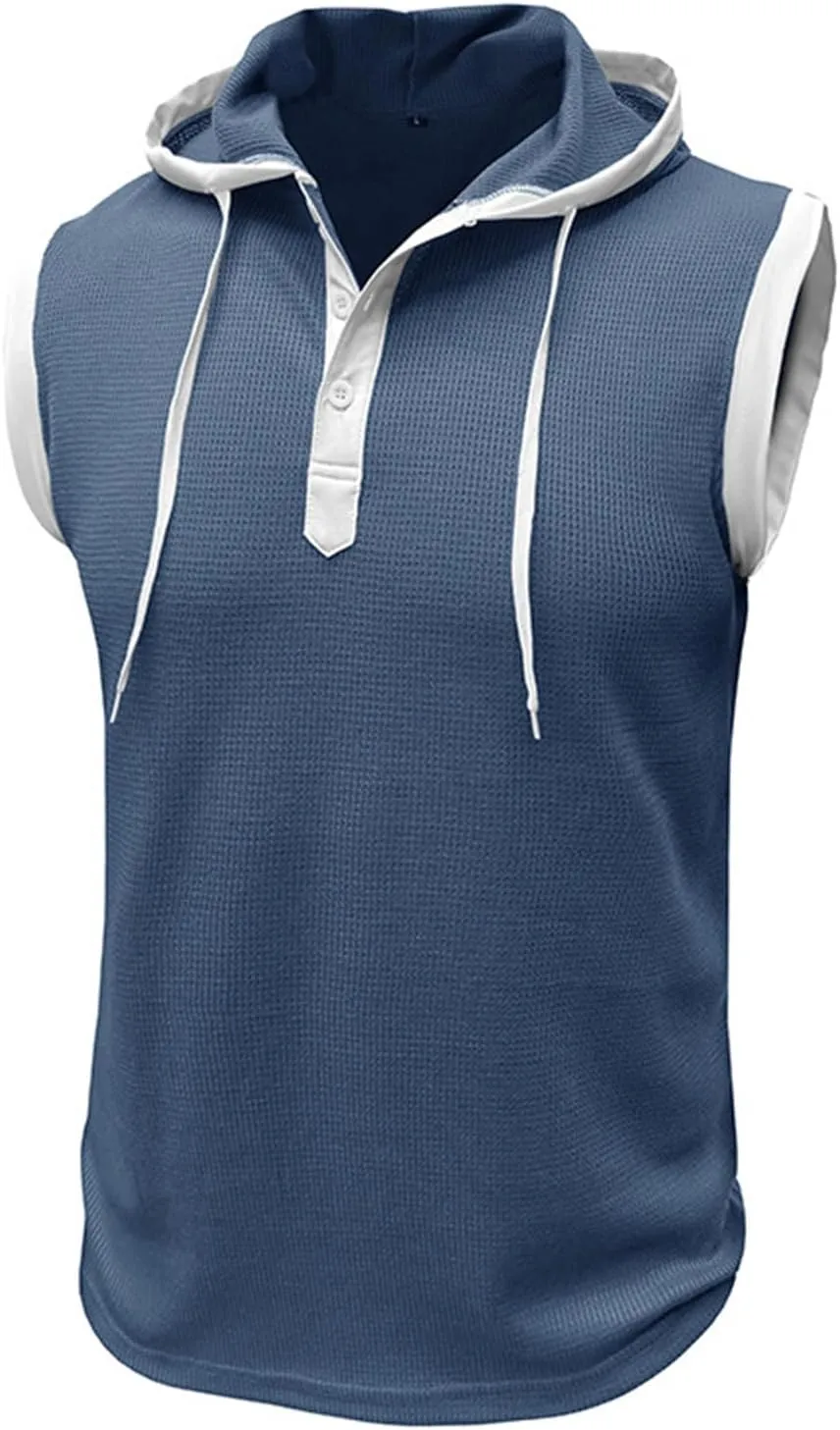 Sleeveless Hoodies for Men Gym Workout Muscle Fit T Shirts Waffle Knit Drawstring Pullover Tops Casual Training Hoodie