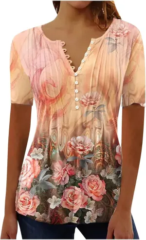SMIDOW Plus Size Tunic Tops for Women Trendy 2024 Boho Floral Shirts Short Sleeve Notch v Neck t-Shirt Graphic Tees Blouse