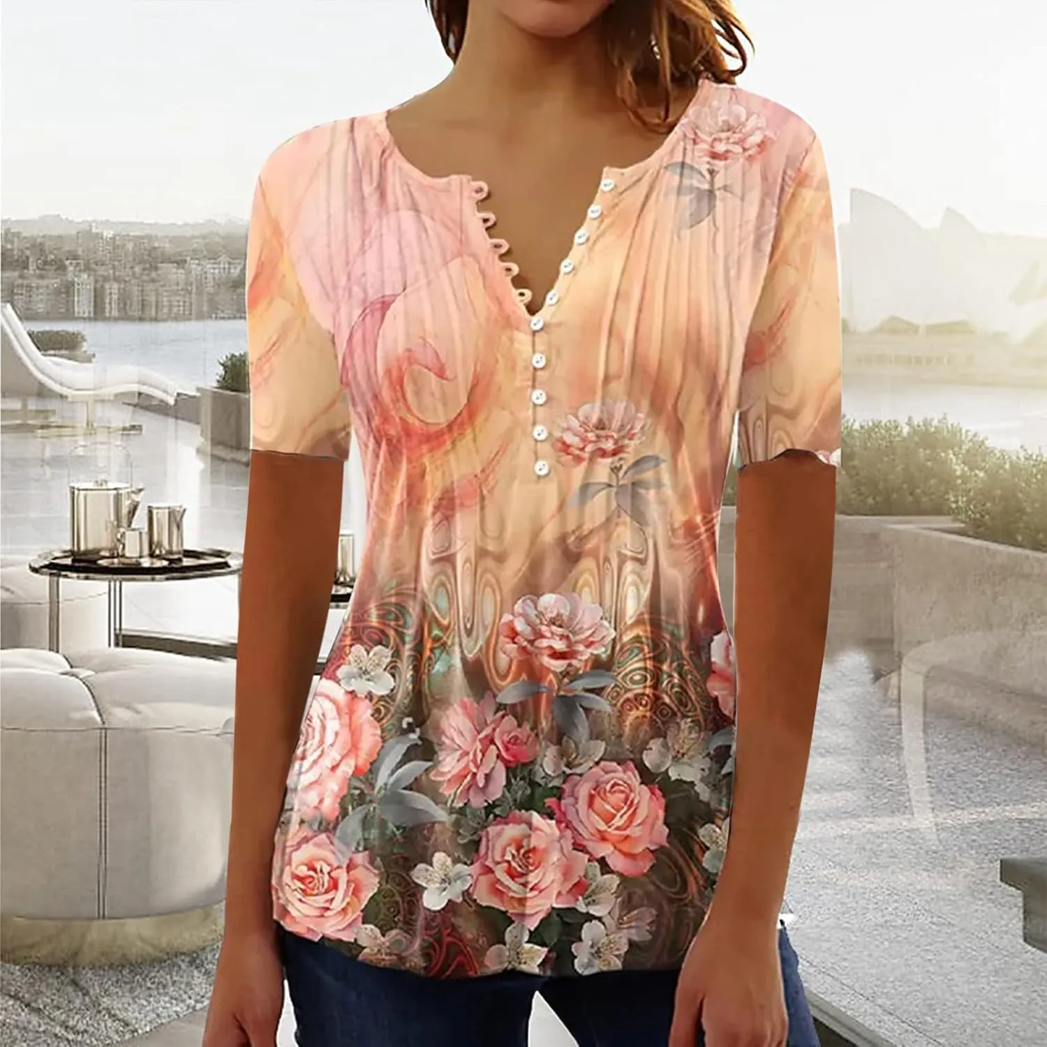 SMIDOW Plus Size Tunic Tops for Women Trendy 2024 Boho Floral Shirts Short Sleeve Notch v Neck t-Shirt Graphic Tees Blouse