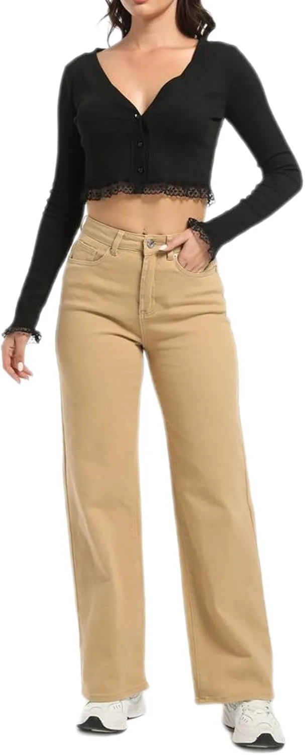 Straight Leg Jeans for Women High Waisted Stretchy Wide Leg Boyfriend Jeans Denim Pants
