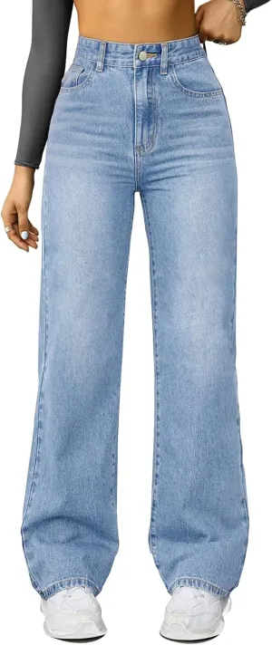 Straight Leg Jeans for Women,High Waisted Wide Leg Loose Microelastic Boyfriend Denim Pants A-Blue