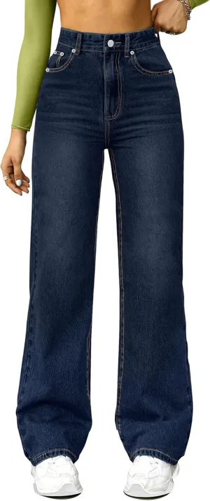 Straight Leg Jeans for Women,High Waisted Wide Leg Loose Microelastic Boyfriend Denim Pants C-Blue