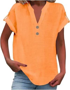 Summer Linen Tops for Women Trendy 2025 Dressy Short Sleeve V Neck Button Down Shirts Loose Tunic Shirt Blouses