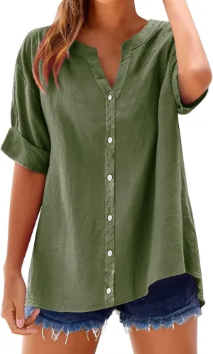 Summer Shirts for Women 2025 Linen Work Tops Trendy Button Down Henley V Neck Shirt Solid Casual Blouses Daily Clothes