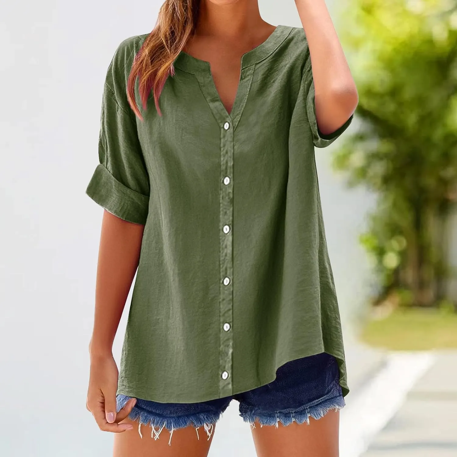 Summer Shirts for Women 2025 Linen Work Tops Trendy Button Down Henley V Neck Shirt Solid Casual Blouses Daily Clothes