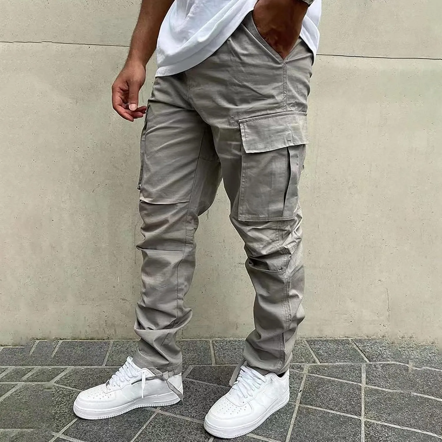SUWBMHWE Mens Fashion Cargo Pants Multi Pocket Athletic Pants Casual Outdoor Trousers with Drawstring Loose Work Pants