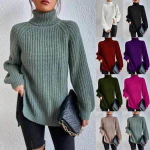 Sweater for Women Oversized Sweater Slit Hem Womens Cable Knit Sweaters Plus Size Turtleneck Cozy Pullover Tops