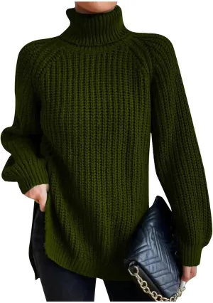 Sweater for Women Oversized Sweater Slit Hem Womens Cable Knit Sweaters Plus Size Turtleneck Cozy Pullover Tops
