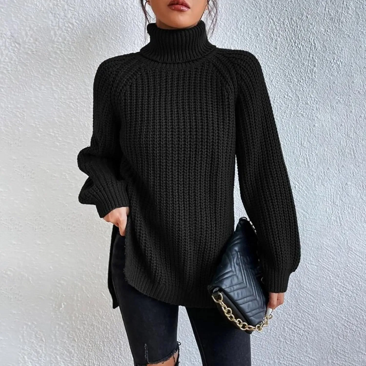 Sweater for Women Oversized Sweater Slit Hem Womens Cable Knit Sweaters Plus Size Turtleneck Cozy Pullover Tops