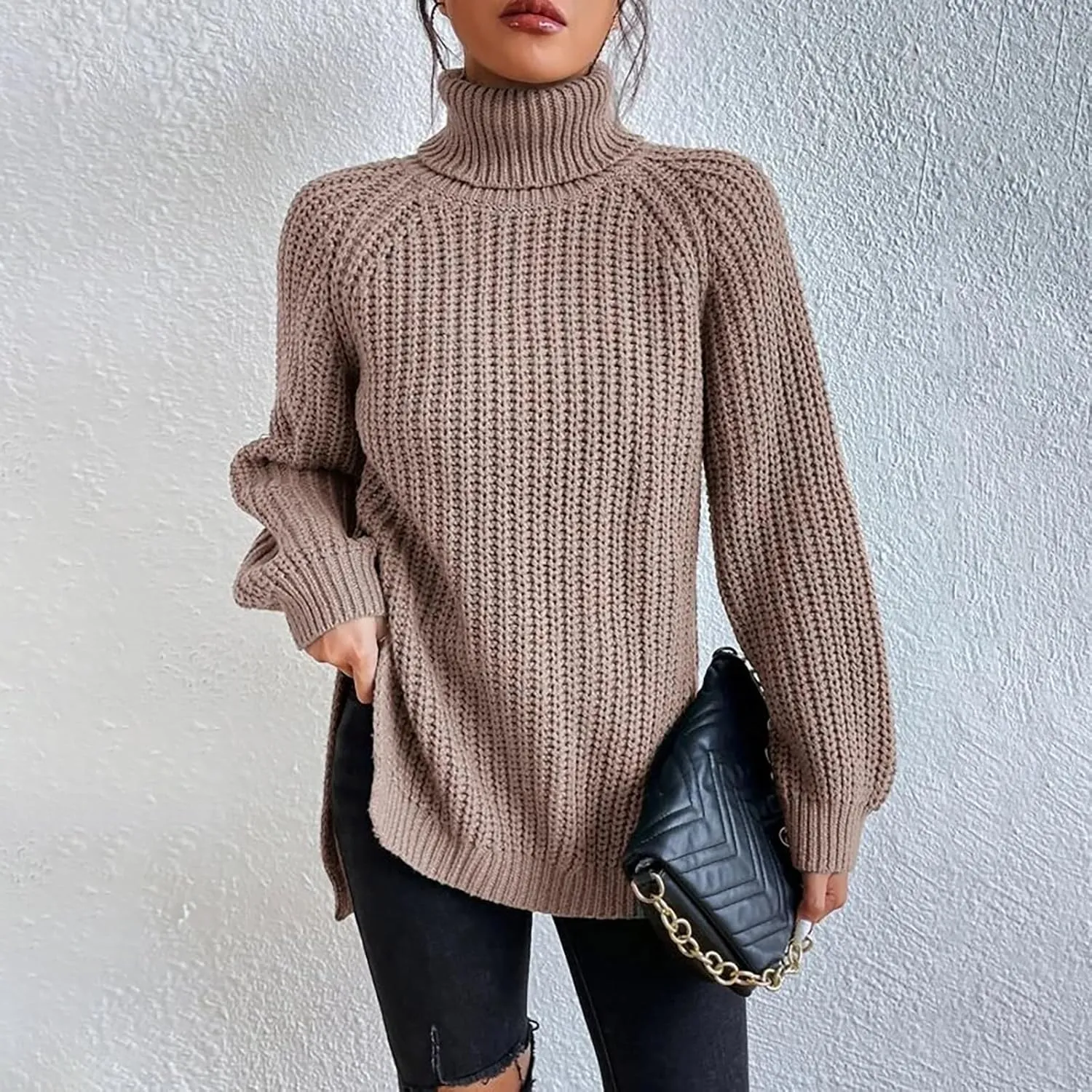Sweater for Women Oversized Sweater Slit Hem Womens Cable Knit Sweaters Plus Size Turtleneck Cozy Pullover Tops