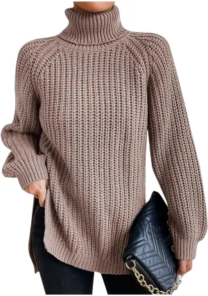 Sweater for Women Oversized Sweater Slit Hem Womens Cable Knit Sweaters Plus Size Turtleneck Cozy Pullover Tops