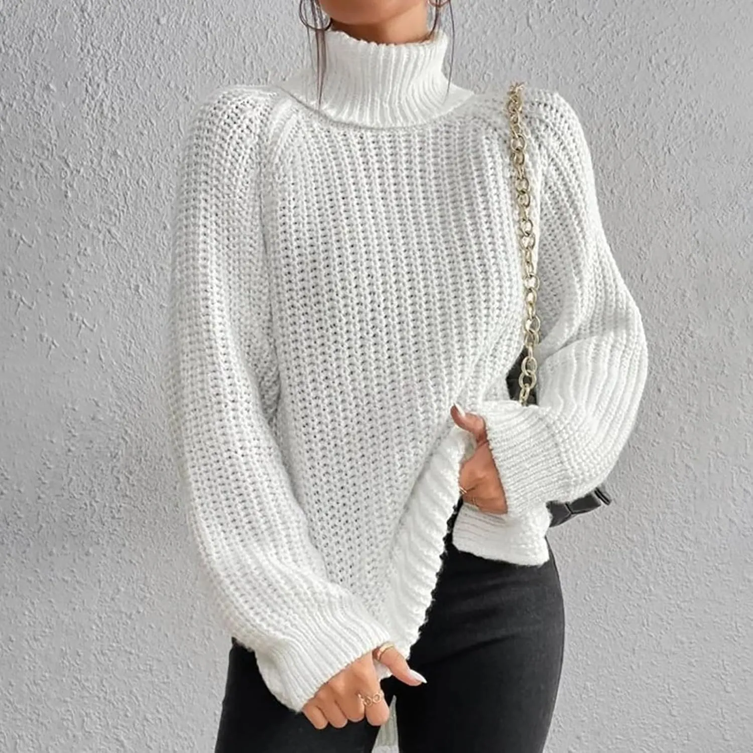 Sweater for Women Oversized Sweater Slit Hem Womens Cable Knit Sweaters Plus Size Turtleneck Cozy Pullover Tops