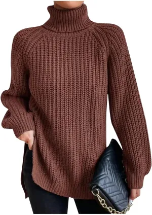 Sweater for Women Oversized Sweater Slit Hem Womens Cable Knit Sweaters Plus Size Turtleneck Cozy Pullover Tops