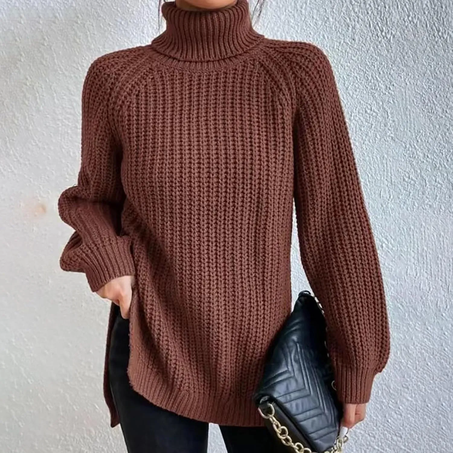 Sweater for Women Oversized Sweater Slit Hem Womens Cable Knit Sweaters Plus Size Turtleneck Cozy Pullover Tops