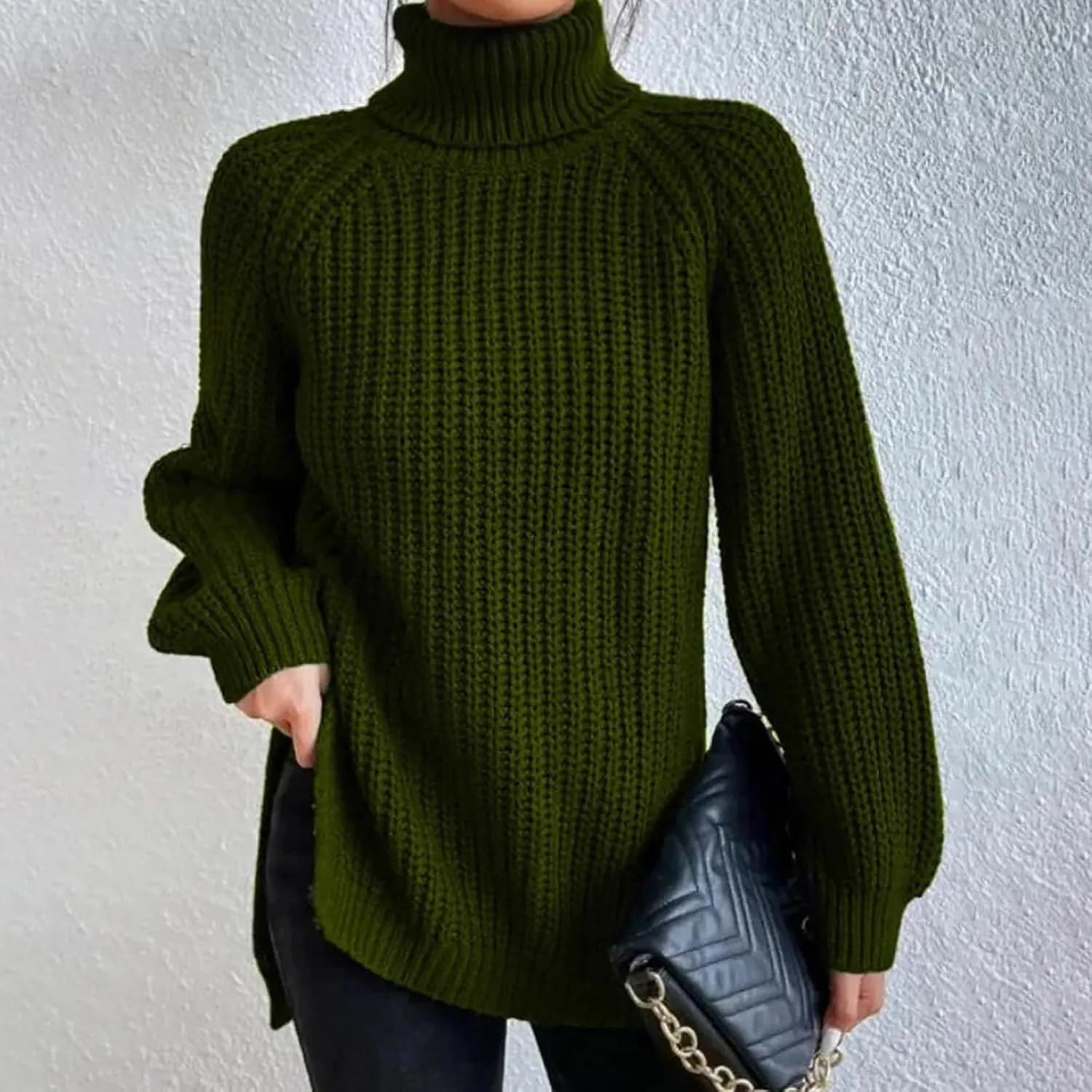 Sweater for Women Oversized Sweater Slit Hem Womens Cable Knit Sweaters Plus Size Turtleneck Cozy Pullover Tops