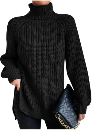 Sweater for Women Oversized Sweater Slit Hem Womens Cable Knit Sweaters Plus Size Turtleneck Cozy Pullover Tops