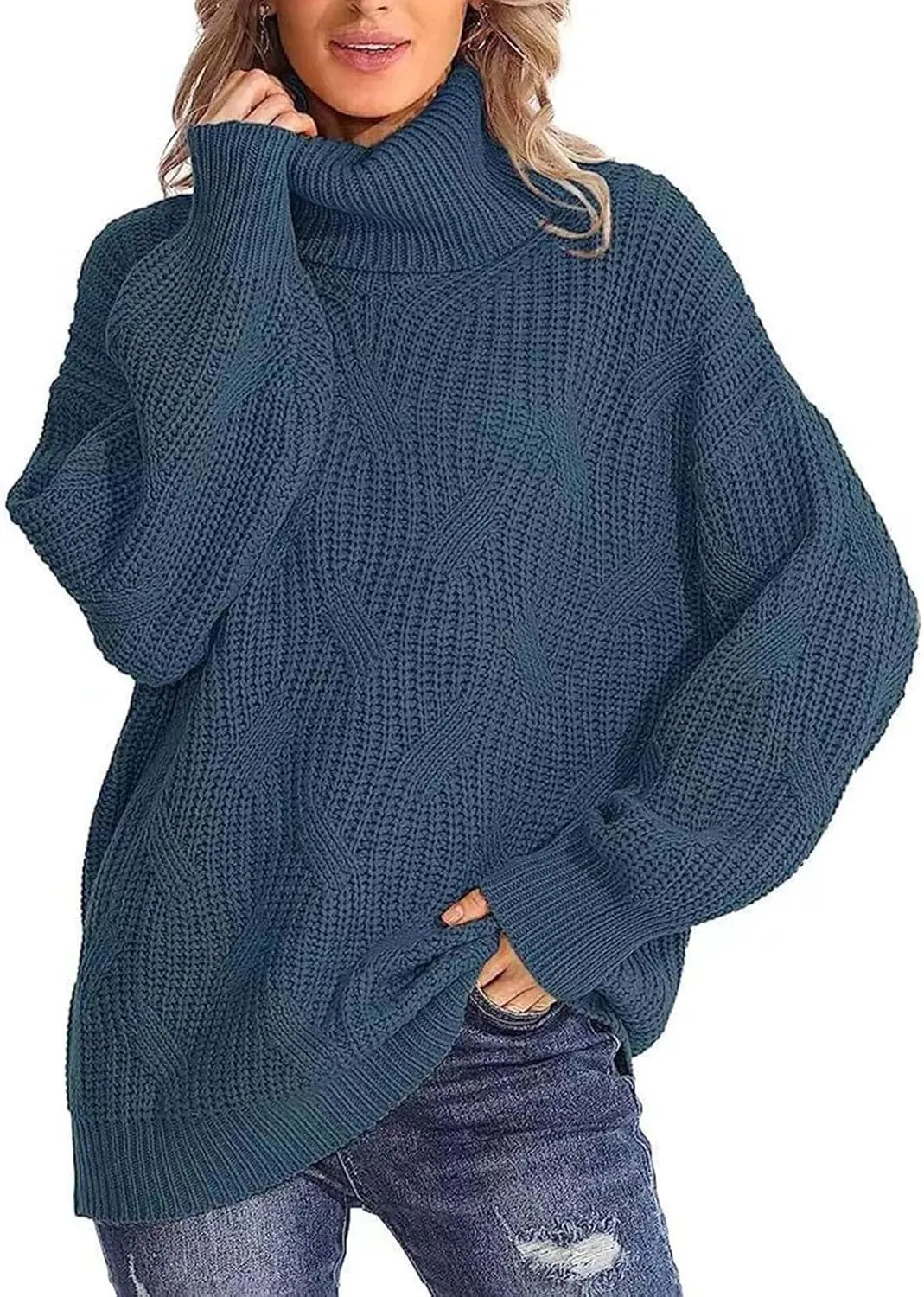 Sweaters for Women Oversized Long Sleeve Turtleneck Pullovers Comfortable Casual Cable Knit Sweaters