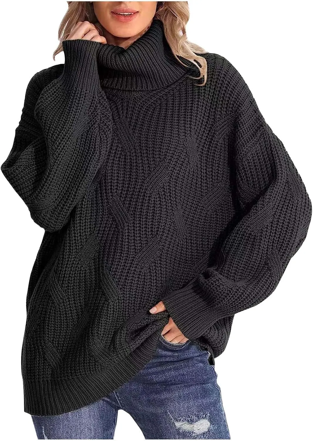 Sweaters for Women Oversized Long Sleeve Turtleneck Pullovers Comfortable Casual Cable Knit Sweaters