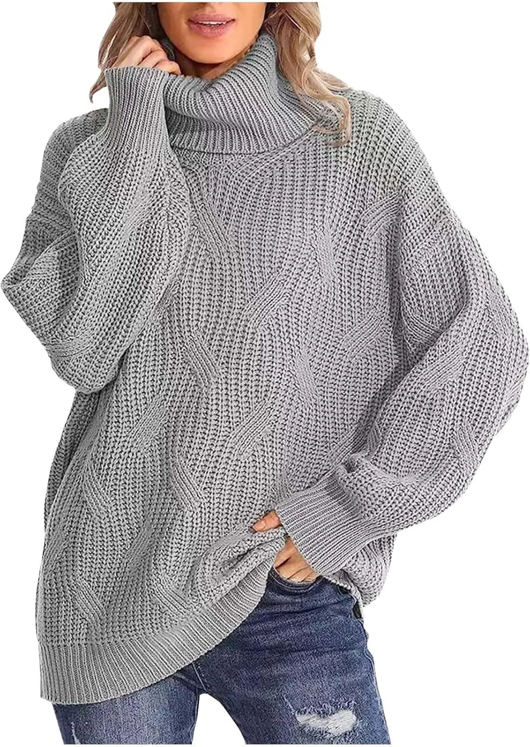 Sweaters for Women Oversized Long Sleeve Turtleneck Pullovers Comfortable Casual Cable Knit Sweaters