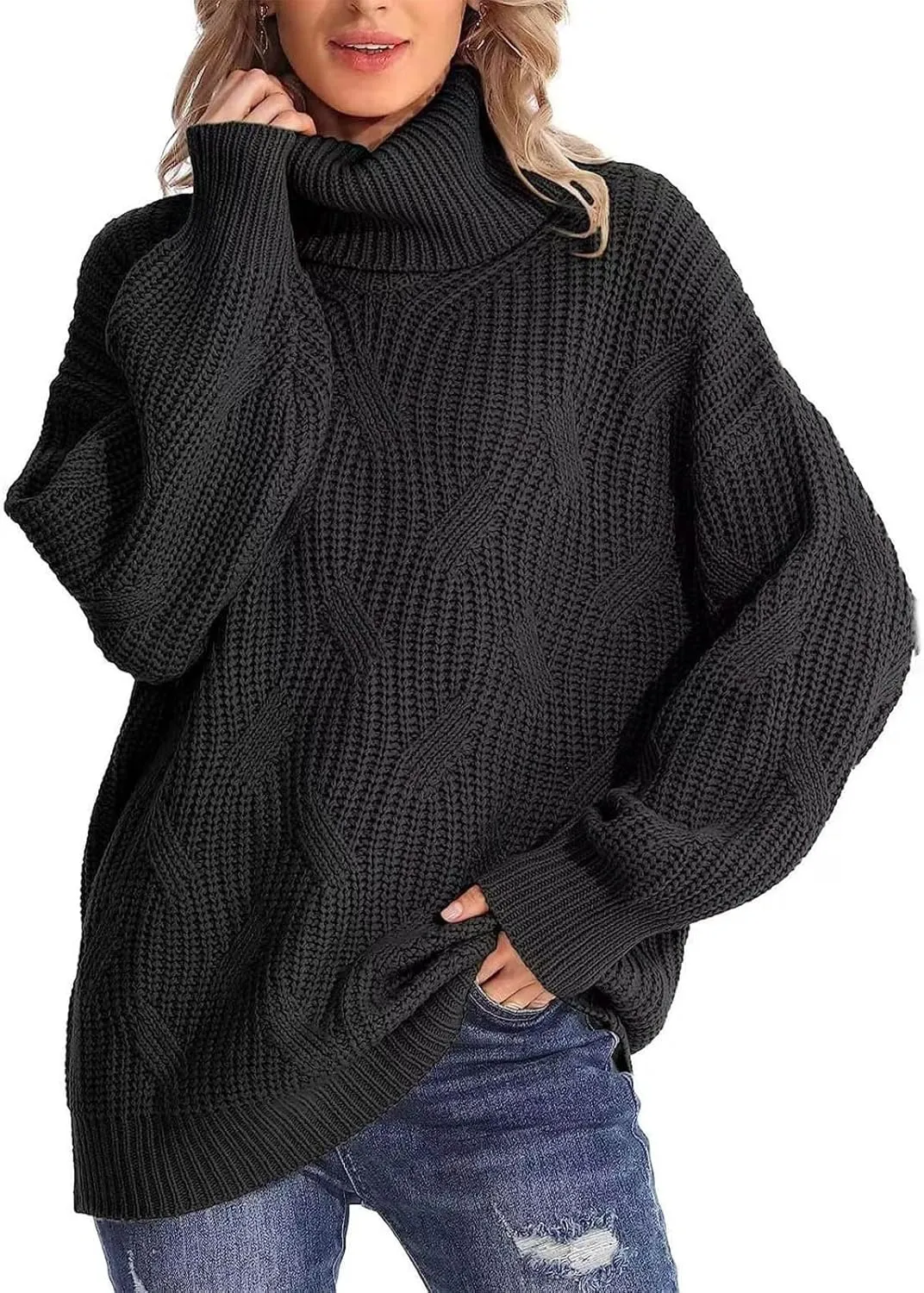 Sweaters for Women Oversized Long Sleeve Turtleneck Pullovers Comfortable Casual Cable Knit Sweaters