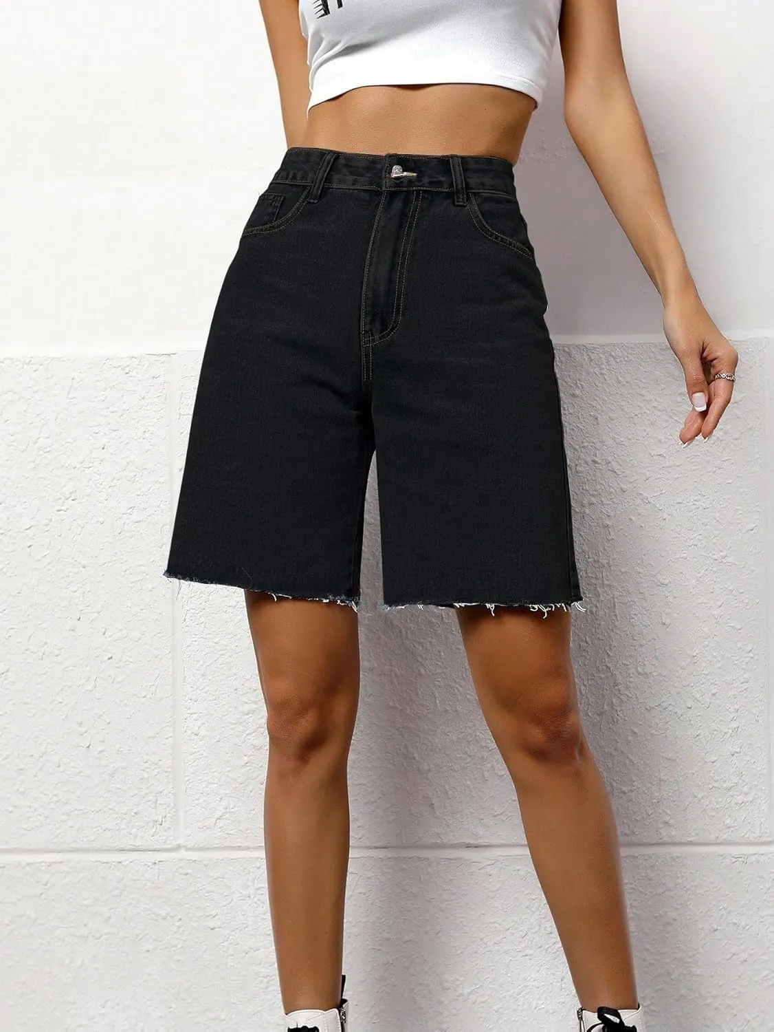 SweatyRocks Women's Casual High Waist Straight Leg Jean Shorts Raw Hem Denim Bermuda Shorts