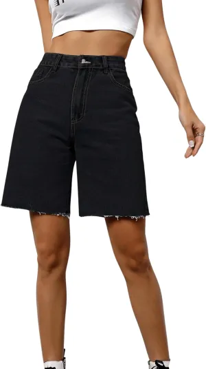 SweatyRocks Women's Casual High Waist Straight Leg Jean Shorts Raw Hem Denim Bermuda Shorts