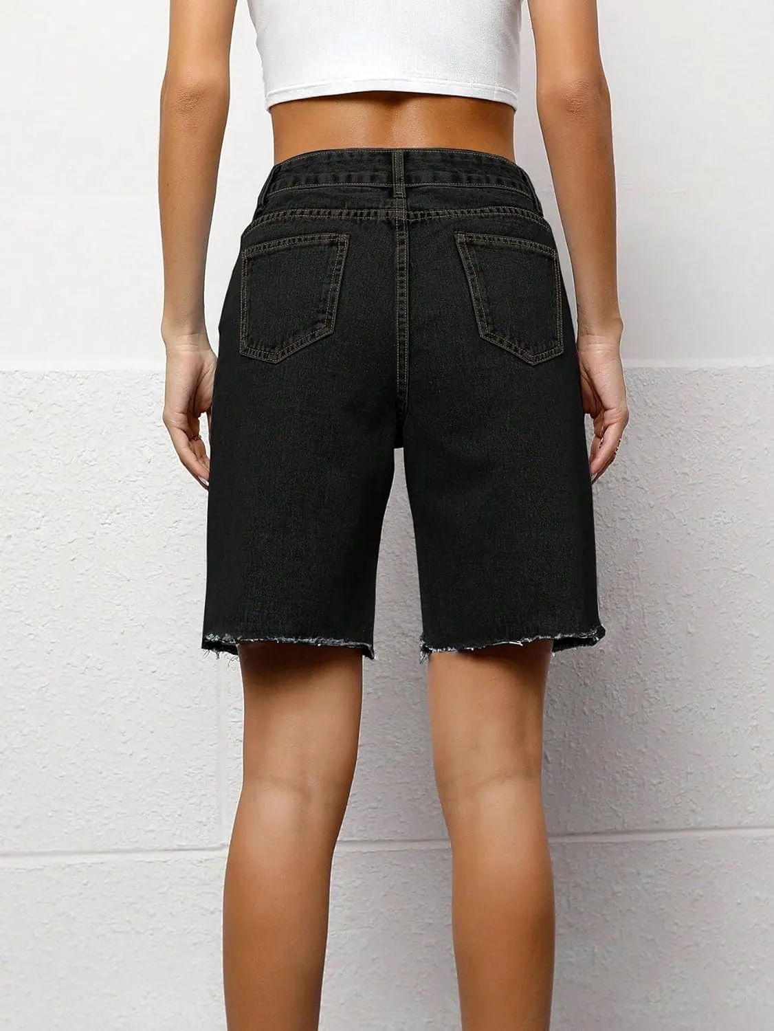 SweatyRocks Women's Casual High Waist Straight Leg Jean Shorts Raw Hem Denim Bermuda Shorts