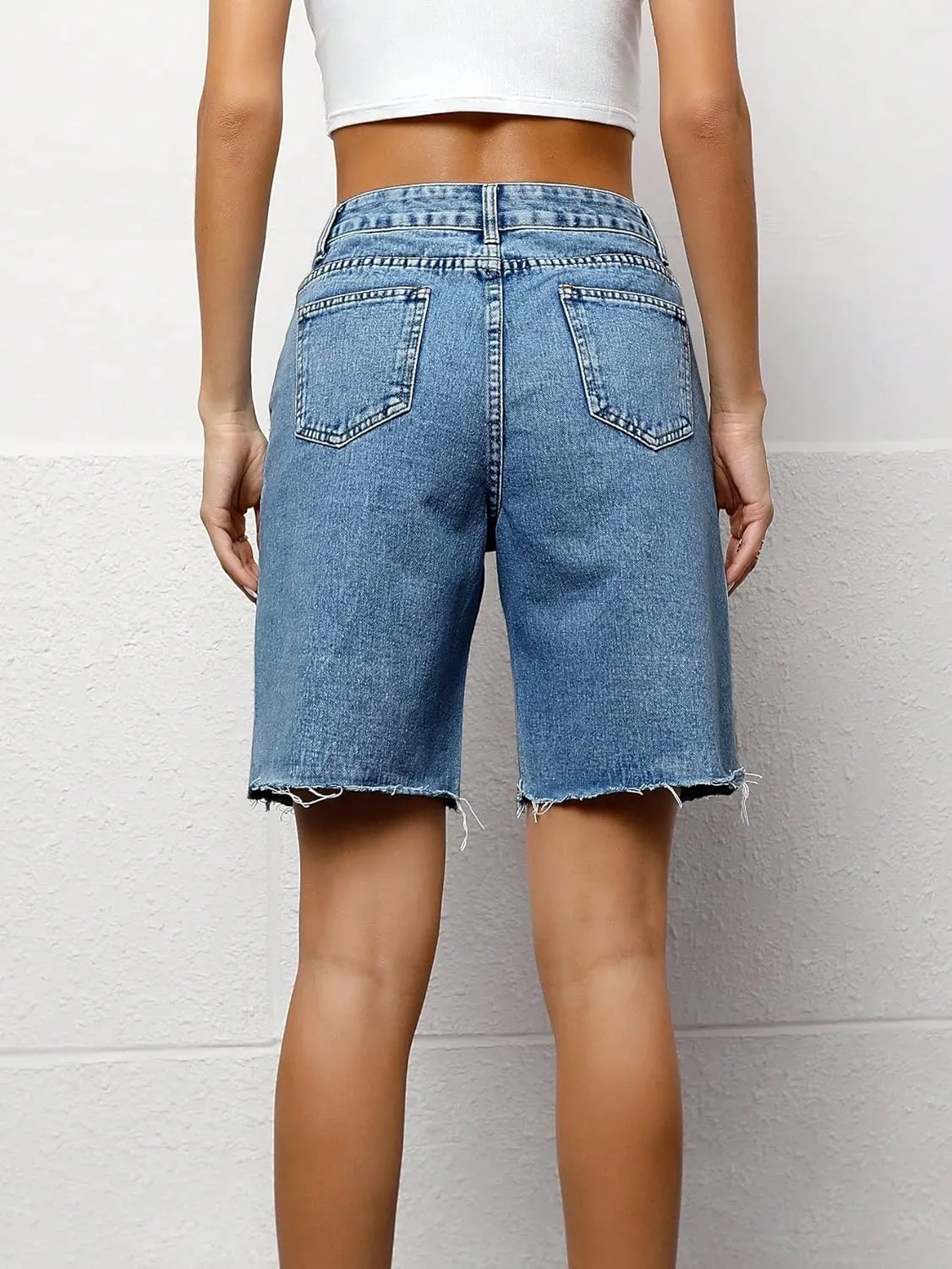 SweatyRocks Women's Casual High Waist Straight Leg Jean Shorts Raw Hem Denim Bermuda Shorts