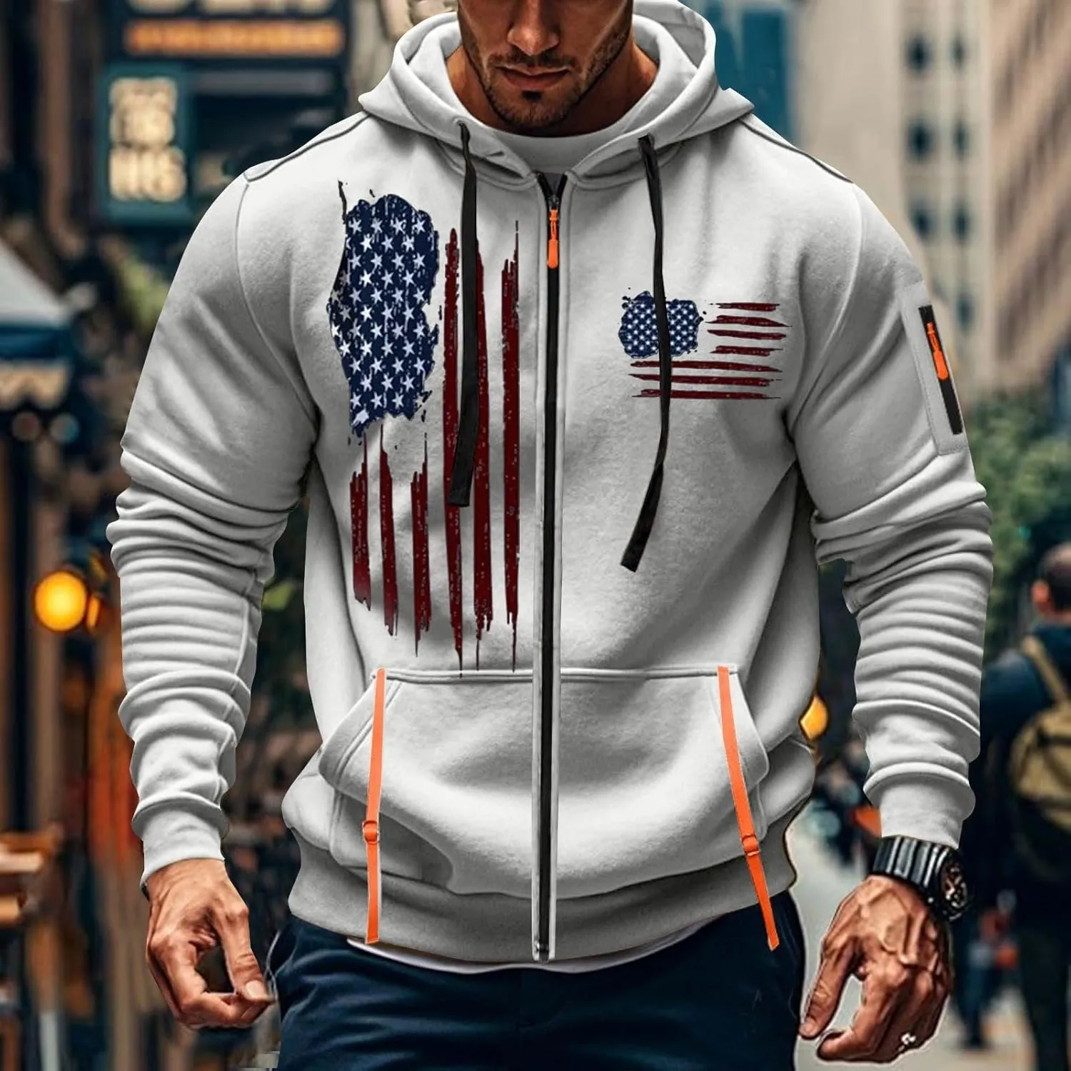 Tactical Zip up Hoodies for Men American Flag Graphic Hoodie Vintage Shirt with Pockets Military Workout Sweatshirt