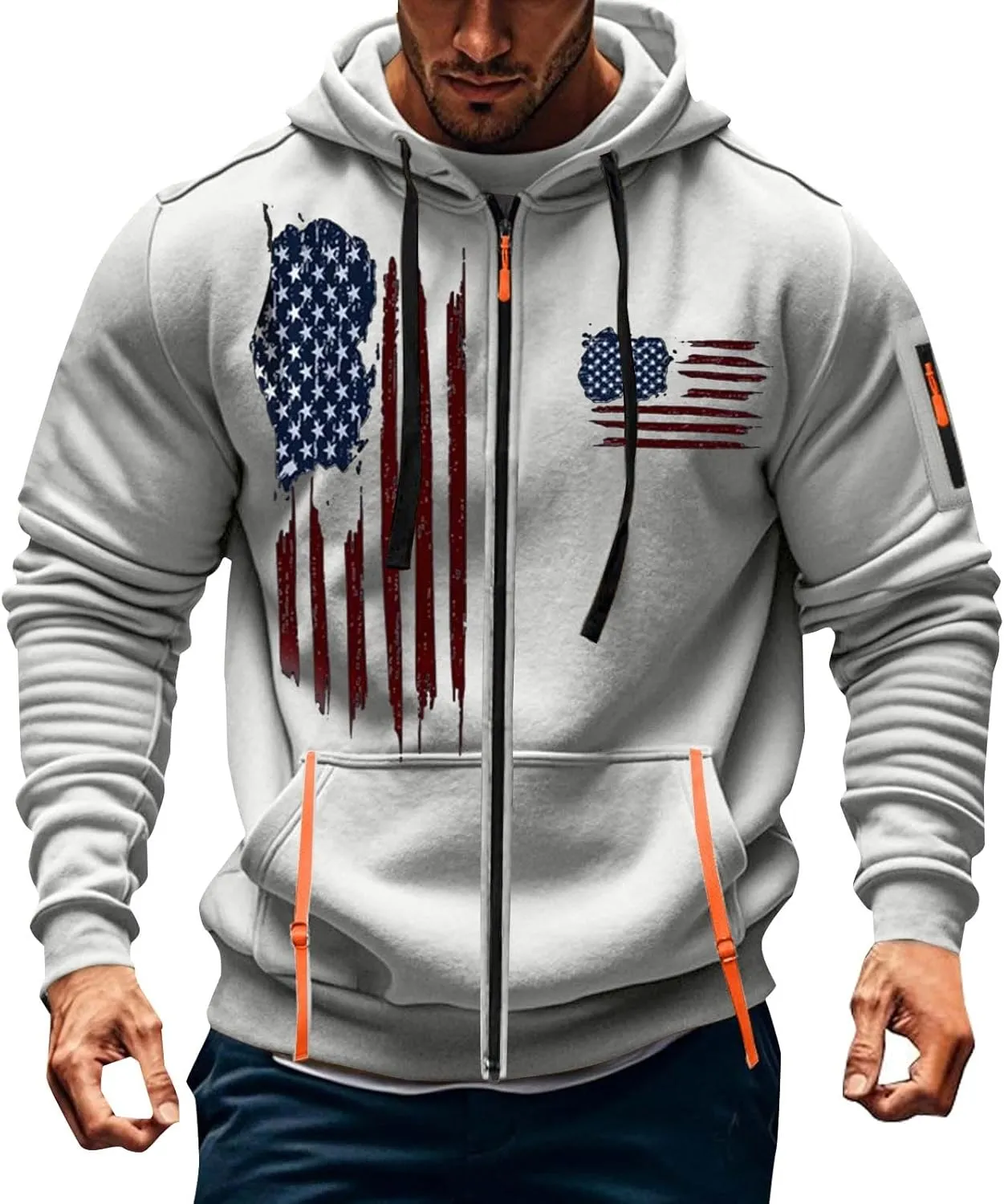 Tactical Zip up Hoodies for Men American Flag Graphic Hoodie Vintage Shirt with Pockets Military Workout Sweatshirt
