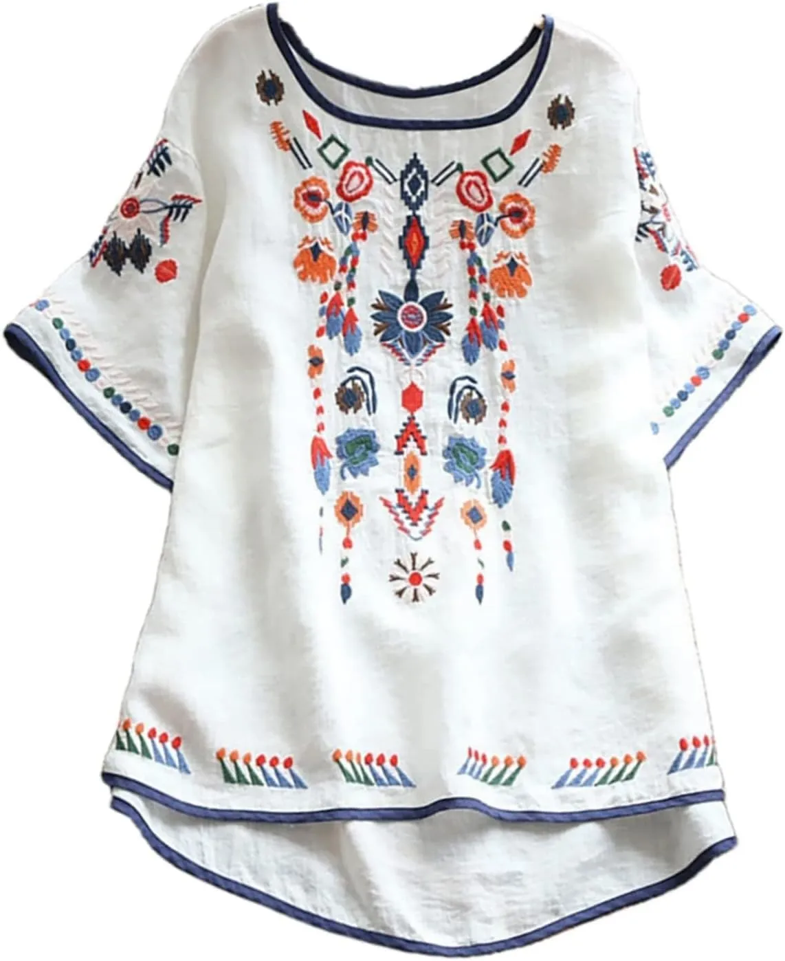 TANGNADE Mexican Embroidered Shirts for Women Boho Tops and Blouses Short Sleeve Bohemian Peasant Summer Tunic