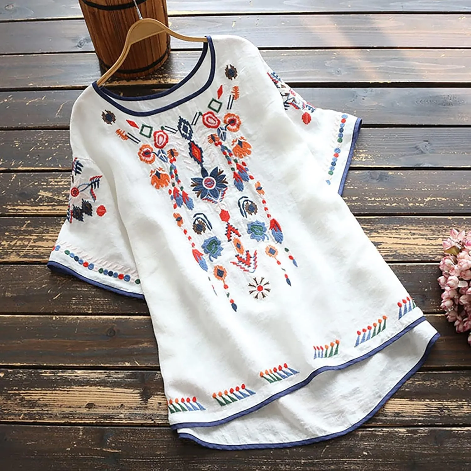 TANGNADE Mexican Embroidered Shirts for Women Boho Tops and Blouses Short Sleeve Bohemian Peasant Summer Tunic