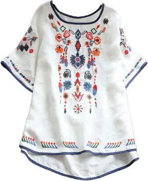 TANGNADE Mexican Embroidered Shirts for Women Boho Tops and Blouses Short Sleeve Bohemian Peasant Summer Tunic