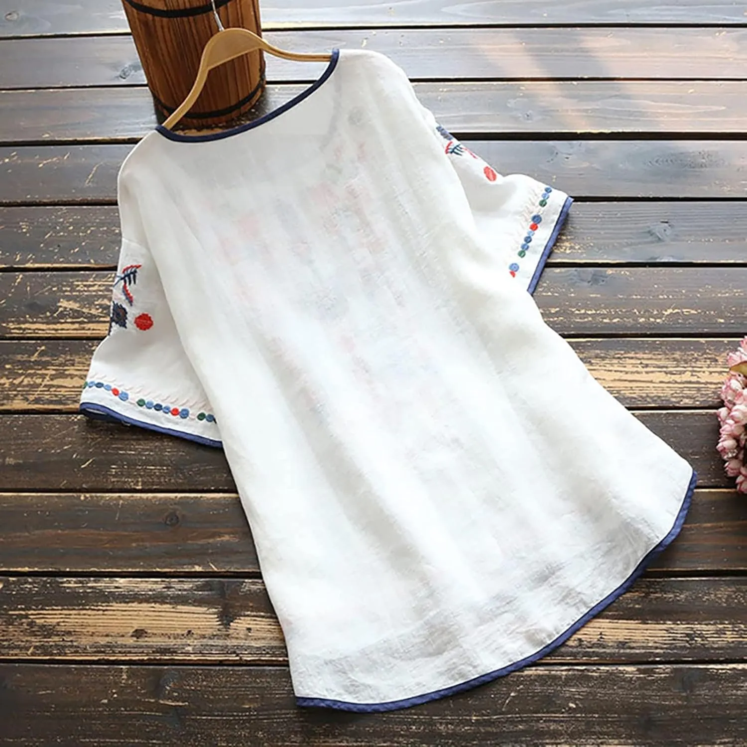 TANGNADE Mexican Embroidered Shirts for Women Boho Tops and Blouses Short Sleeve Bohemian Peasant Summer Tunic