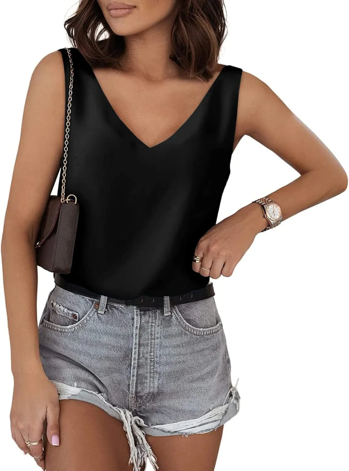 Tank Top for Women Loose Fit Workout Satin Tank Tops Dressy Casual V Neck Summer Sleeveless Silk Blouse Shirts
