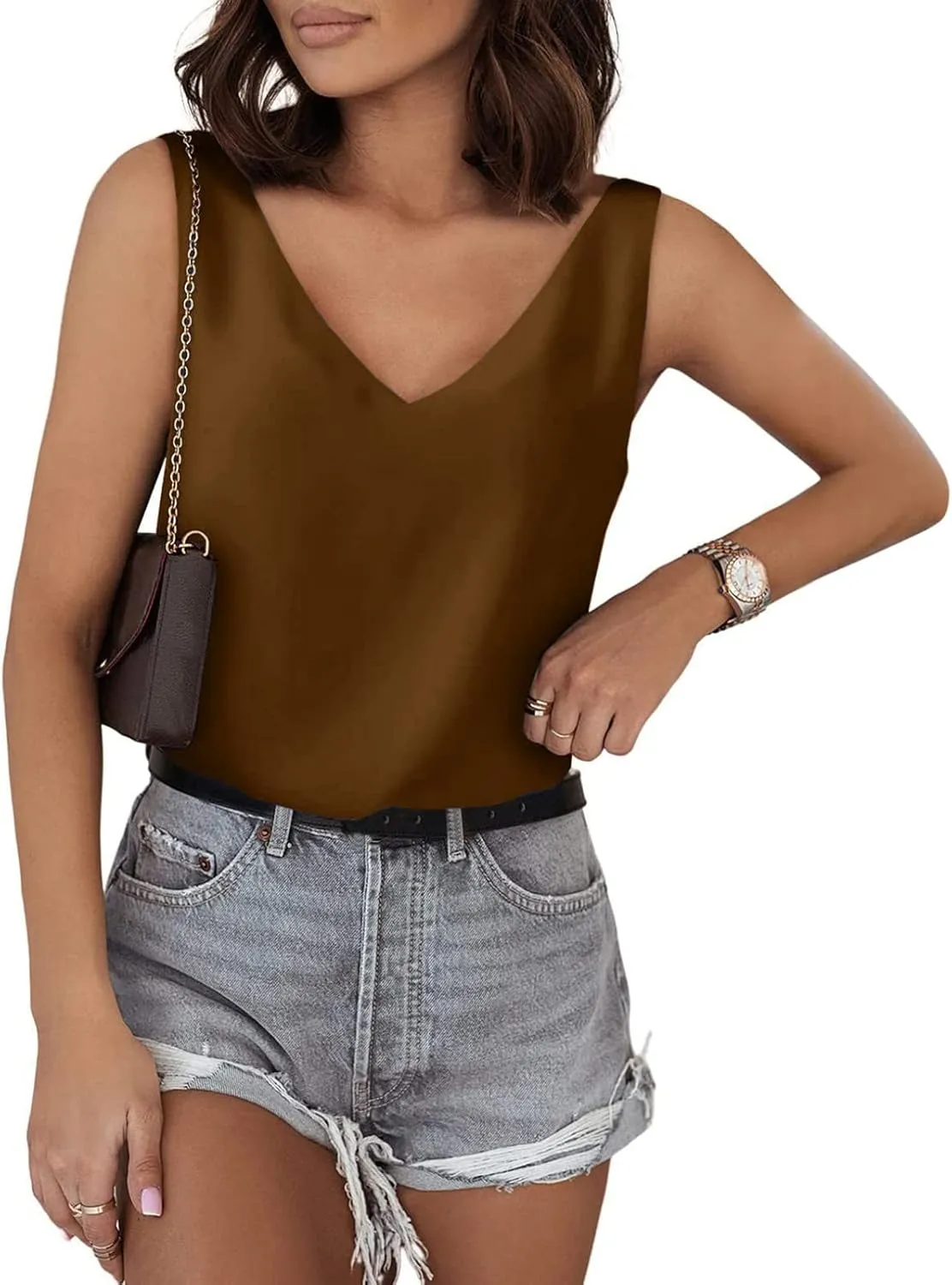 Tank Top for Women Loose Fit Workout Satin Tank Tops Dressy Casual V Neck Summer Sleeveless Silk Blouse Shirts