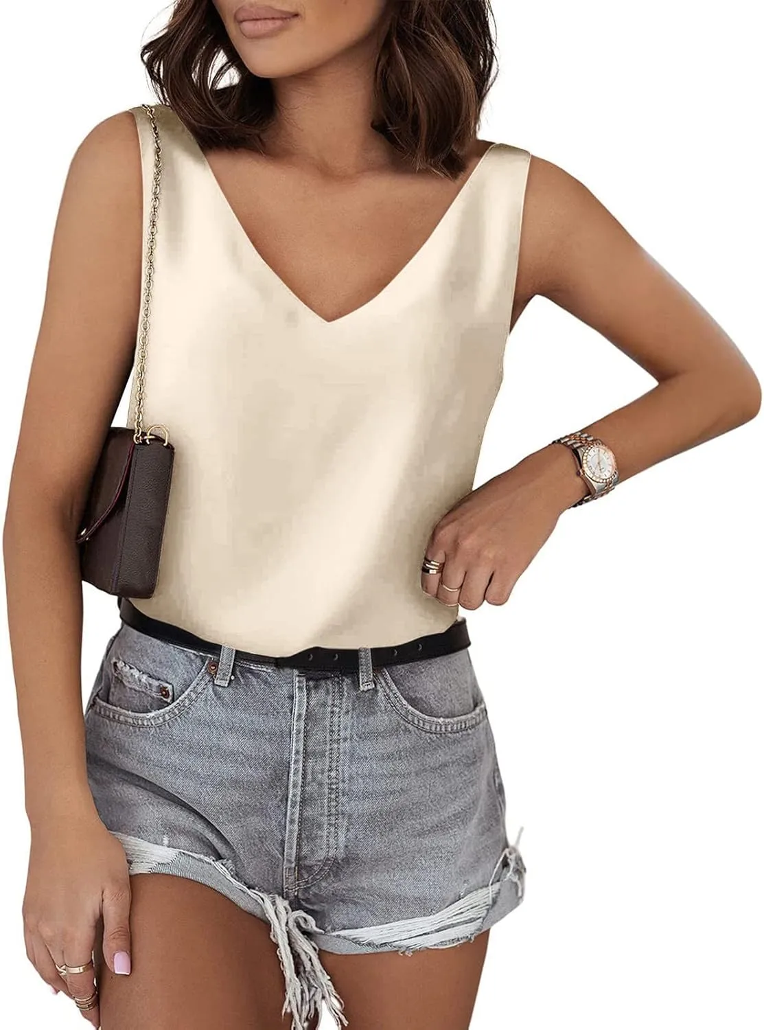 Tank Top for Women Loose Fit Workout Satin Tank Tops Dressy Casual V Neck Summer Sleeveless Silk Blouse Shirts