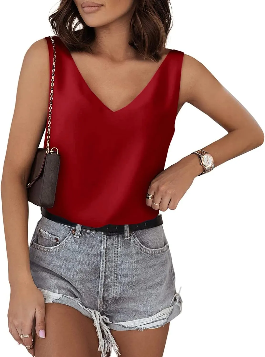 Tank Top for Women Loose Fit Workout Satin Tank Tops Dressy Casual V Neck Summer Sleeveless Silk Blouse Shirts